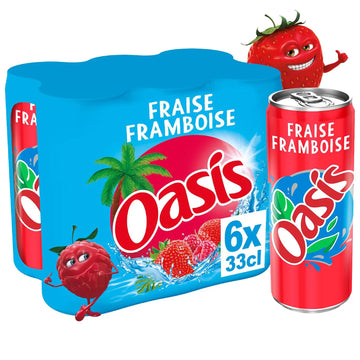 An Oasis Fraise Framboise 6-pack of sparkling fruit drink, featuring a blue 6-pack carton and a single red 33cl can, both decorated with raspberry and strawberry cartoon characters on a white background.