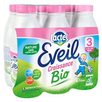 Pack of 6 bottles of Organic Growth and Awakening Natural Milk, labelled for toddler nutrition.
