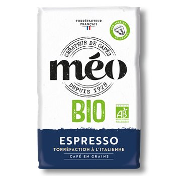 Organic Méo Espresso Coffee Beans 1 kg bag — French roasted Arabica espresso beans, certified organic, Italian-style roast.