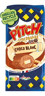 A package of Pitch Chocobarre Duo Choco Blanc chocolate cookies, featuring a blue and yellow design with a central image of two chocolate-covered cookies with a butter pat.
