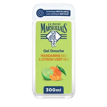 A 300ml plastic bottle of Le Petit Marseillais shower gel, featuring a light green label with orange and lime graphics, on a plain white background.