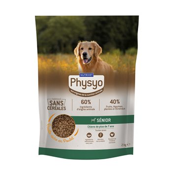 A bag of Physyo Grain-Free Adult Dog Food featuring an image of a golden retriever in a field.
