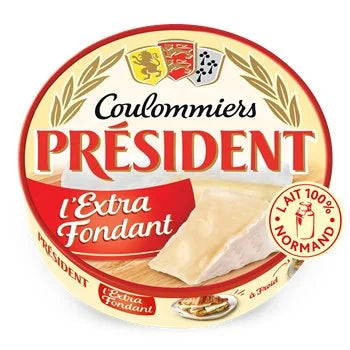 A round package of Coulommiers Président l'Extra Fondant cheese, featuring a cream-colored label with red lettering, gold wheat illustrations, and a photo of the cheese slice on the front.