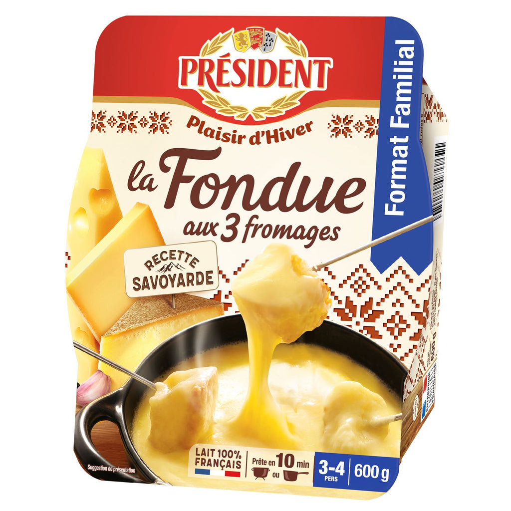 President cheese fondue packaging with cheese and fondue pot on a white background