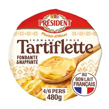 President Tartiflette fromage pour hiver, 480g package of baked potatoes with cheese and onions, featuring a red and cream label with a food photo.
