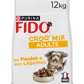 Purina Fido Croq'Mix Adult dog food package with a dog on a white background