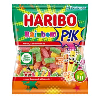 Haribo Rainbow Pik Sour Candy Bag – 200g, showing bright rainbow-shaped sour gummy strips coated in fizzy sugar.

