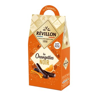 Box of Révillon Chocolate Orangettes 185 g – French candied orange peel pieces coated in dark chocolate, elegant confection box.