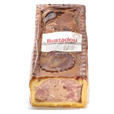 Rustadou Richelieu Pâté en Croûte – French terrine with golden pastry crust, meaty farce and creamy poultry liver mousse centre.
