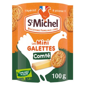 Packaging of Saint Michel Mini Galettes Comté 100g, with an orange and green background, featuring a white chicken silhouette, round savoury biscuits, and a wedge of Comté cheese. The label highlights “sans huile de palme” (no palm oil) and the St Michel logo.