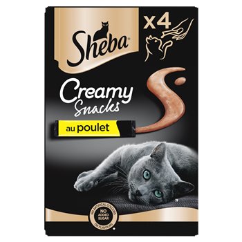 Sheba Creamy Chicken Cat Treats – pack of four 12 g sachets of smooth chicken-flavoured paste for adult cats, premium texture and taste.