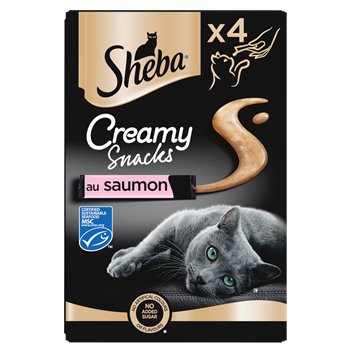 Sheba Creamy Salmon Cat Treats – pack of four 12 g sachets of salmon-flavoured creamy paste cat treats, premium texture, no added artificial colours or flavours.