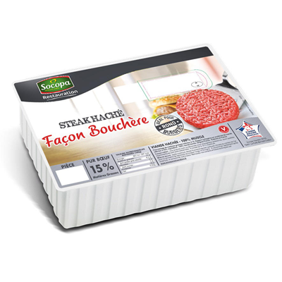Socopa Steak haché rond façon bouchère 15 % MG VBF — pack of 8 round French beef patties, 125 g each, ideal for burgers.