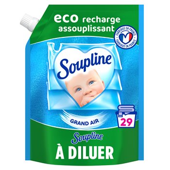 A single stand-up refill pouch of Soupline Grand Air diluting powder, featuring a blue and green design with a baby's face in the center and French text including 'Eco recharge assouplissant' and 'À DILUER'.