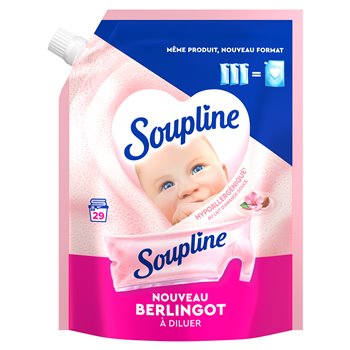 A pink and blue Soupline baby diaper replacement pouch with a baby's face printed on the front, labeled 'Nouveau Berlingot à diluer'.