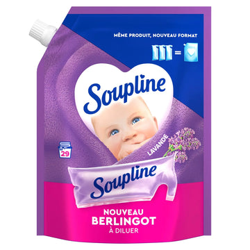 A 1-liter refill pouch of Soupline Lavande baby detergent, featuring a purple and blue design with a baby's face in a heart-shaped frame and a pink bottom section.