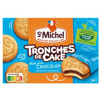 Packaging of St Michel Tronches de Cake Moelleux Chocolat 175g, showing individually portioned chocolate-filled soft cakes with playful biscuit faces, Nutri-Score label, and notes such as "sans huile de palme" (no palm oil) and "œufs de poules élevées en plein air" (eggs from free-range hens).