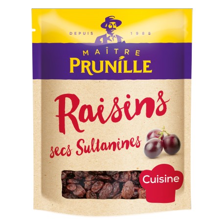 Maître Prunille Sultana Raisins 500g – bag of golden seedless raisins, naturally sweet and sun-dried, ideal for snacking and baking.