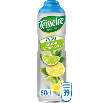 Teisseire Zero Citron vert air freshener spray bottle, 60cl size, featuring a white bottle with a blue cap and green and yellow citrus graphics, on a white background with a small glass icon showing 39 drops.
