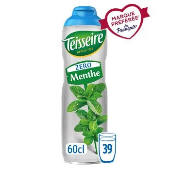 Teisseire Zero Menthe air freshener spray bottle, 60cl size, featuring a green mint leaf graphic on a white bottle with a blue cap, accompanied by a red heart-shaped badge.