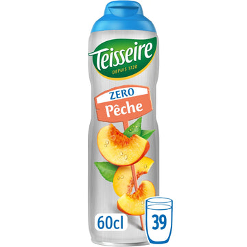 Teisseire Zero Pèche shower gel in a 60cl bottle, featuring a silver body with a blue cap, peach illustrations, and a small glass icon indicating 39 liters of gel.