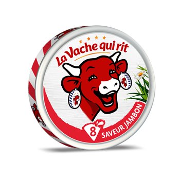 Pack of The Laughing Cow Children's Ham Cheese Spread – 8 creamy wedges in playful packaging, perfect for kids' snacks.