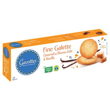Gavottes Fine Galette box featuring salted butter caramel and vanilla biscuits, with caramel cubes, vanilla pods, and crisp round galettes on white background.

