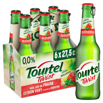 Packaging of Tourtel Twist mojito bottles with a strawberry and mint flavor.