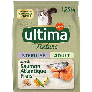 Ultima Nature Sterilised Cat Food – Salmon – 1.25 kg – green bag of French-made cat food with fresh Atlantic salmon, peas and carrots, formulated for sterilised adult cats.