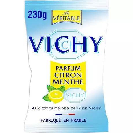Vichy Pastilles Citron Menthe 230g bag – French lemon and mint pastilles made with Vichy mineral water extracts, traditional refreshing sweets.