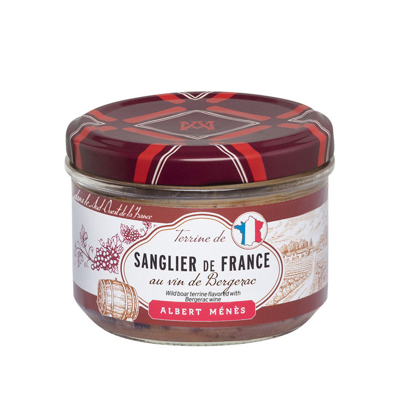 Jar of French wild boar terrine marinated in Bergerac wine, rustic label and artisanal finish.

