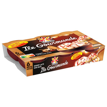 A package of Vegenicaiés Éle Gourmande dessert lacté sans éiff, containing six individual dessert pots in a brown cardboard tray with illustrations of chocolate-covered ice cream cones and whipped cream.
