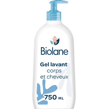 Biolane Body and Hair Cleansing Gel 750ml – large blue pump bottle for gentle baby bathing with a soothing 2-in-1 formula.
