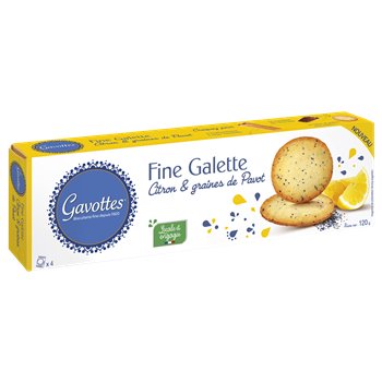 Gavottes Fine Galette box with lemon and poppy seed biscuits, featuring crisp round galettes, citrus slice visuals, and blue and yellow packaging.