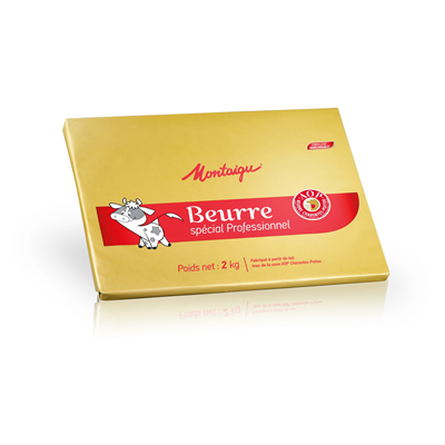 Montaigu AOP butter 2 kg sheet on a baking counter ready for lamination