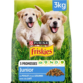 A bag of Friskies Junior Chicken Croquettes with Milk, featuring images of two puppies on the front and product details including weight and promises of the product.