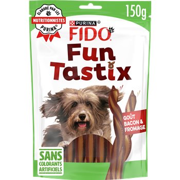 Packaging for Fun Tastix Fido Ham and Cheese Treats featuring an image of a dog with the product and flavors mentioned.