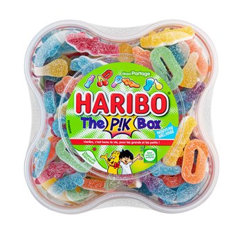 Haribo The Pik Box 550g filled with colourful sour gummies in assorted shapes and flavours, packaged in a vibrant rectangular tub.