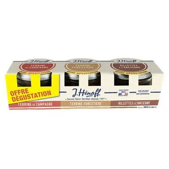 Three glass verrines of Hénaff charcuterie, each 180g, featuring rustic labels and visible pâté and rillettes textures, presented as an assorted pack with Campagne, Forestière, and Rillettes varieties.