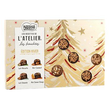Les Recettes de l’Atelier Assortiment Hiver 408g – Swiss winter chocolate collection with milk and dark varieties, nuts, and fruits