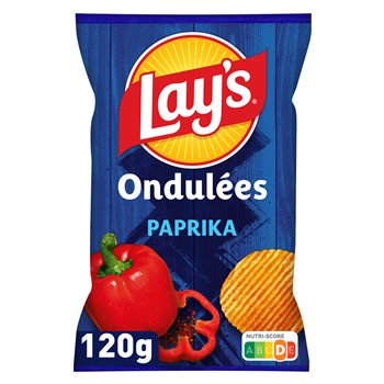 A 120g bag of Lay's Ondulées Paprika potato chips on a plain white background. The packaging features the classic blue background with the red and yellow Lay's logo, white text, and illustrations of a red bell pepper and a golden ridged chip.