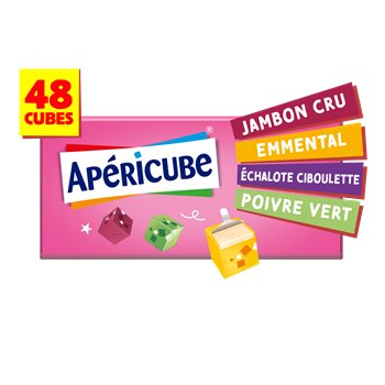 Close-up of Apéricube cubes with Jambon Cru, Emmental, Shallot & Chive, and Green Pepper