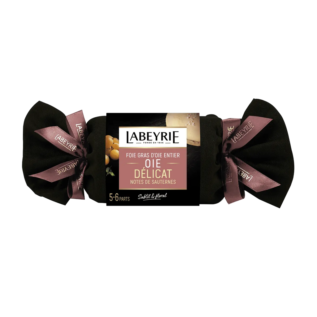 Labeyrie Whole Goose Foie Gras Délicate 200g wrapped in a traditional tea towel with Sauternes-infused flavour.
