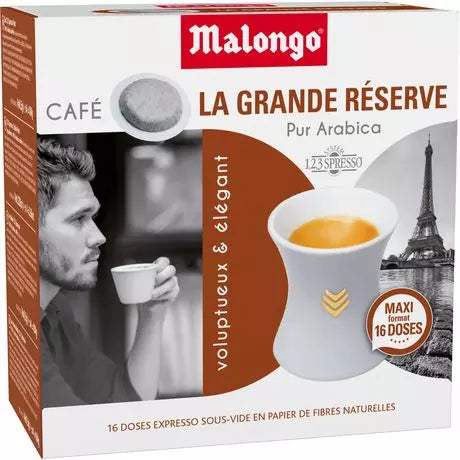 Malongo La Grande Réserve Pur Arabica coffee pods box — 16 vacuum-packed espresso doses in natural fibre pods, intense and elegant French coffee.