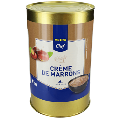 Large 5 kg metal tin of METRO Chef Crème de Marrons (Chestnut Cream) with gold lid and base, featuring a label showing whole chestnuts and a bowl of smooth chestnut paste.