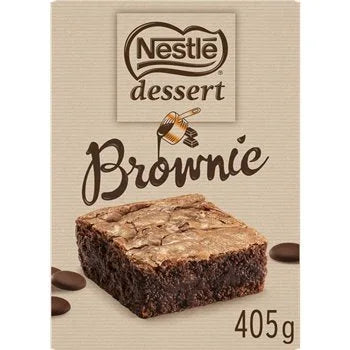 405g box of Nestlé chocolate brownie mix with dark chocolate packaging, showing a dense brownie with a moist interior and chocolate pieces, and Nestlé branding clearly visible.