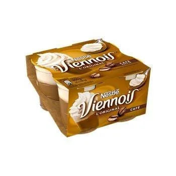 Pack of four Nestlé Le Viennois Coffee dessert cups, each in a brown and cream design showing layered coffee cream and whipped topping, with the Viennois branding prominently displayed.