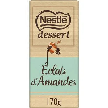170g pot of Nestlé milk dessert with almond pieces, featuring a beige and cream label with images of almonds and a spoonful of creamy dessert, and Nestlé branding on the front.