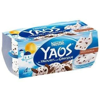 Nestlé YAOS Stracciatella Greek Yoghurt 4x125g pack with creamy yoghurt and chocolate shavings.
