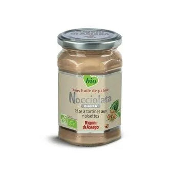Nocciolata Bianca Organic 250g jar of white-chocolate style hazelnut spread with 30 % hazelnuts, palm-oil free and organic.